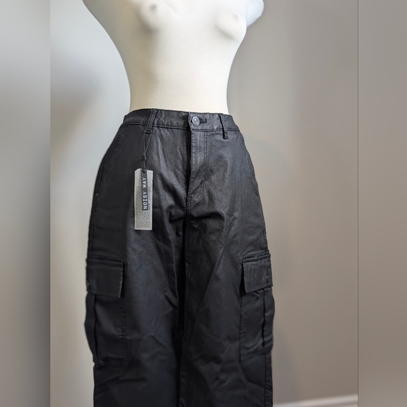 Noisy May Black Wide Leg Waxed Cargo Pants Utility Tactical NWT New With Tags - Picture 4 of 13